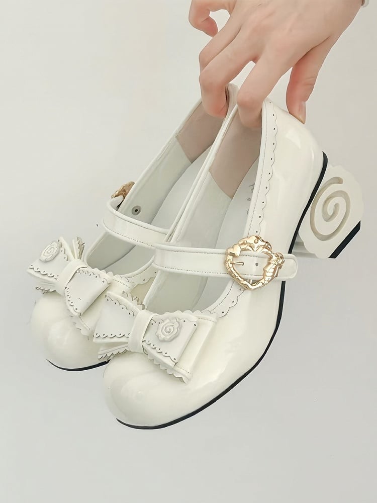 Decor Mid-heel Top with Bow Janes Sweet Design Snap White Mary Lolita Narutomaki PU