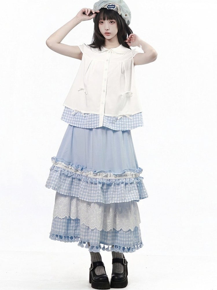 Blue Gingham Long Skirt with Lace and Tassels - PINK SAVIOR