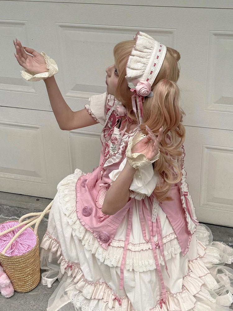 Cream & Pink Frilled Sweet Lolita Headband with Fabric Rose Decor - Bodhi Original Design