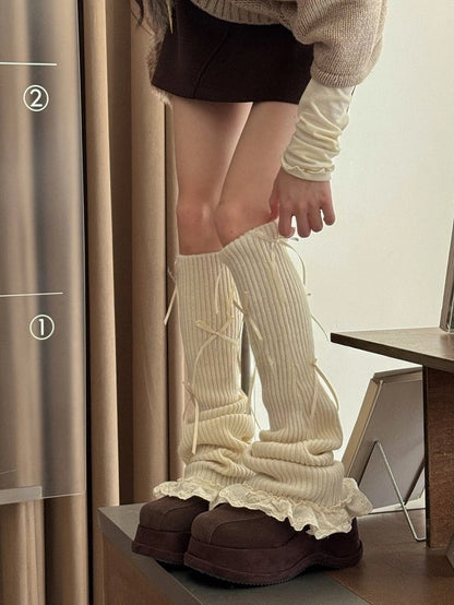 Ties Leg Bow Lace with Ribbed Warmers Trim