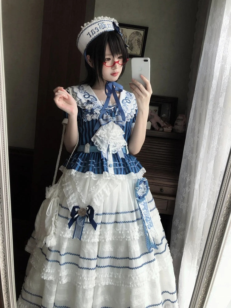 White and Blue Embroidered Sailor Top and Skirt Set - Twin Bear Original Design