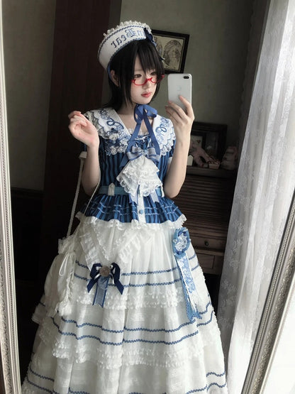 White and Blue Embroidered Sailor Top and Skirt Set - Twin Bear Original Design