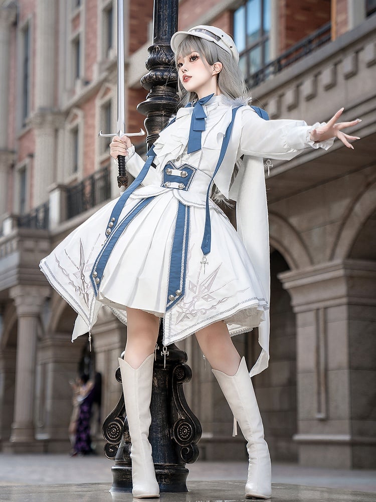 Military Lolita 3-Piece Set with Corset Belt – Top, Skirt and Belt, White and Blue (Xiong Dou Jiang)