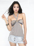 Rhinestone Ruched Sequin Gray Starfish Bralette with Top Halter Accents