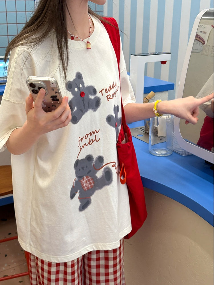 T-Shirt Short/Long White Round Neck Bear Print Version