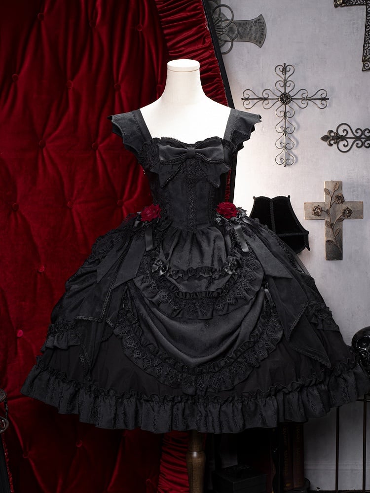 with Black Gothic Lolita Straps Dress Jacquard Shoulder Bat-wing Curved