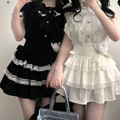 Ärmel Bow Kei und Flatter mit Krawatte Jirai Herzförmige Trim Bluse Schwarz/Weiß Flügelspitze