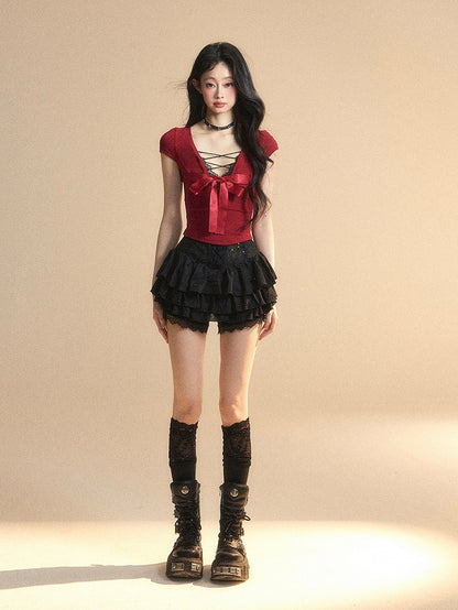 Red Lace Big Bow Slim-fitting Back T-Shirt Trim V-Neck Cutout