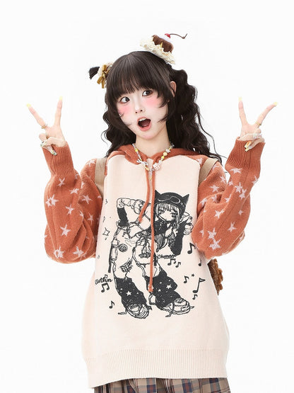 Orange Cartoon Kawaii - Pattern Pink/Green Sweater Girl and Star Drawstring Daily Hood