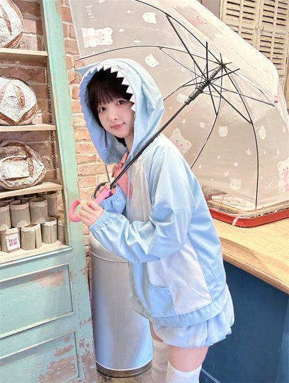 ジャケット シャークデザイン フード ブルー＆ホワイト カラーブロックデザイン ウィンドブレーカー