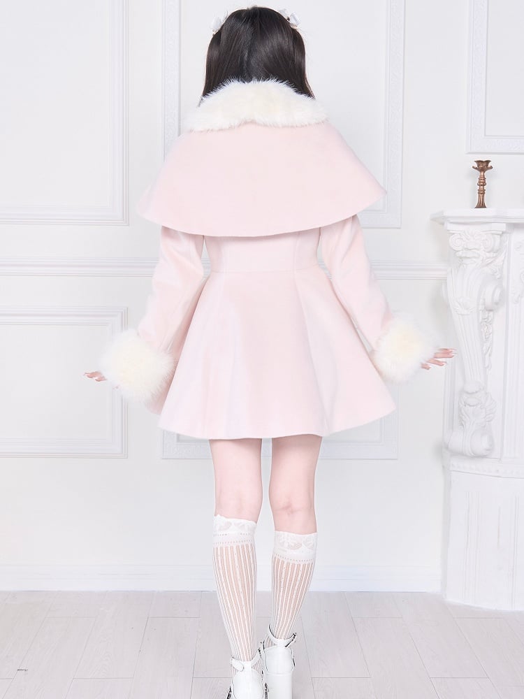 Cape Pink Jirai Kei with Plush Detachable Collar Coat Cuffs | Waist-Cinching