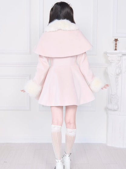Cape Pink Jirai Kei with Plush Detachable Collar Coat Cuffs | Waist-Cinching