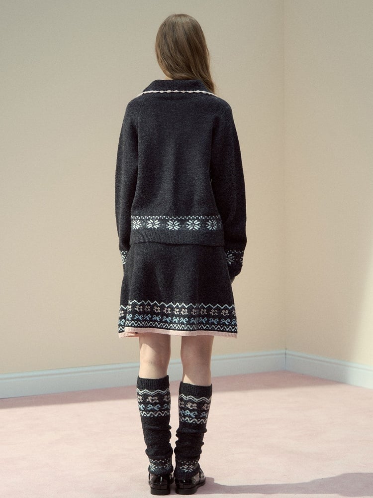 Design Knit Gray Kawaii Skirt with Cat Pattern Vintage Dark