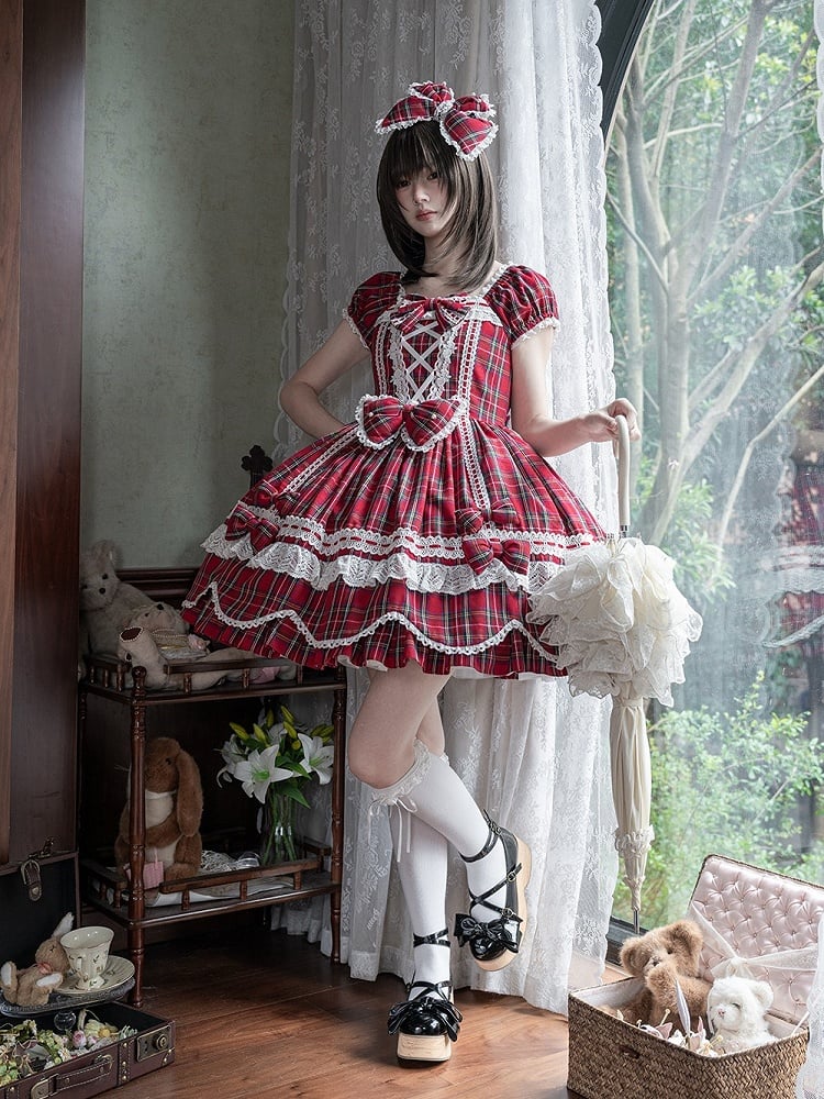 with Lolita Scalloped and Dress Puff Trim Bow Accents Sweet Plaid Edge Sleeves Red