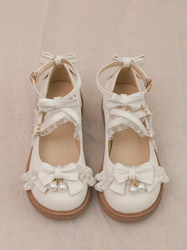 Trim Top White Bow Shoes Lolita Straps Buckle Crisscross Ruffles Hime Flat Lace at with