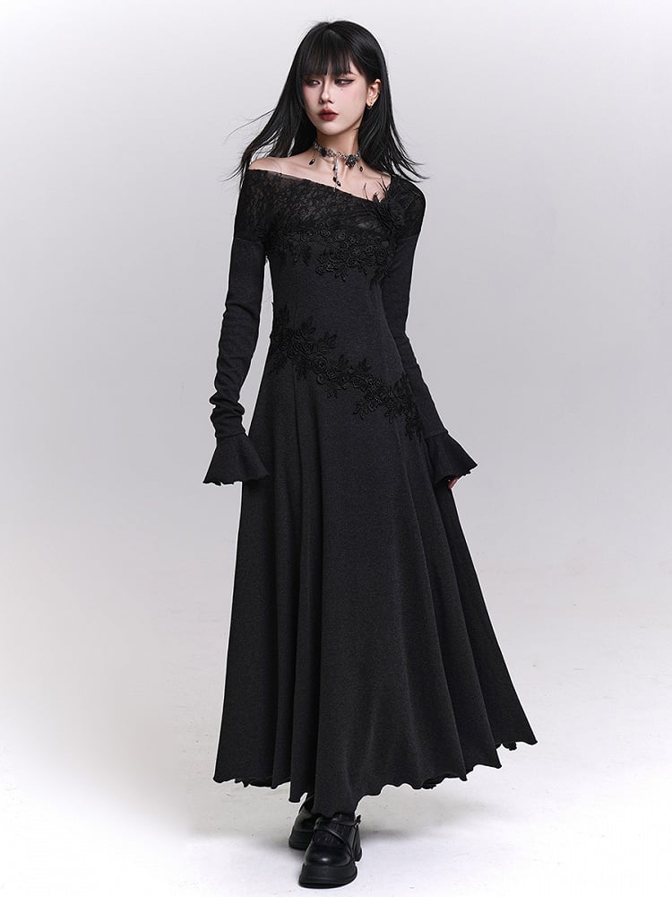 Black One-Shoulder Fleece Lining Maxi Dress with Bell Sleeves and Floral Lace Embroidery