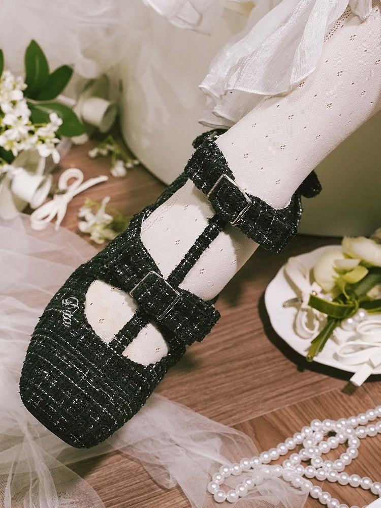 Design Lolita Black Accents Square with Bow Elegant Toe T-strap Shoes