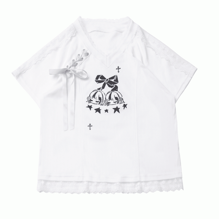 Free Choker T-Shirt White V-Neck Lace-up Detail Blokecore Graphic with
