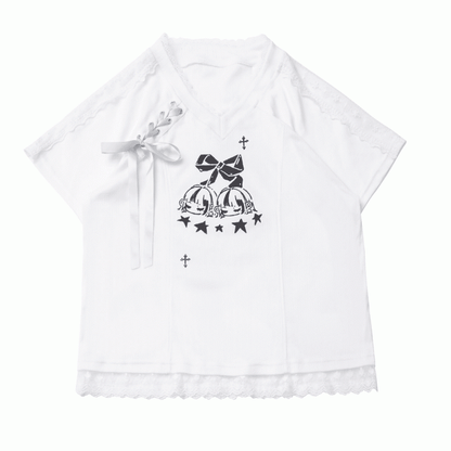Free Choker T-Shirt White V-Neck Lace-up Detail Blokecore Graphic with