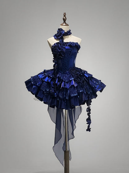 Klein Blue Roses Ausschnitt Lolita Goth Boning Kleid Pailletten Tiered Puffy Kleid