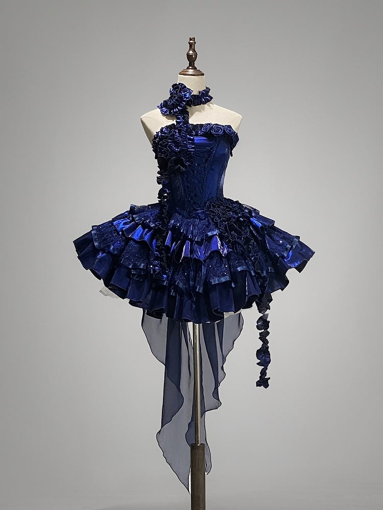 Ausschnitt Rosen Blau Klein Pailletten Stäbchen Puffy Goth Stufenkleid Lolita
