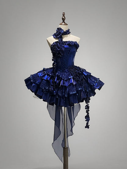 Ausschnitt Rosen Blau Klein Pailletten Stäbchen Puffy Goth Stufenkleid Lolita