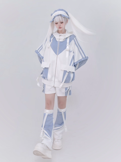 White Tenshi and Warmers Style Light Adjustable Techwear Cuffs Leg Kaiwai Snap Blue with
