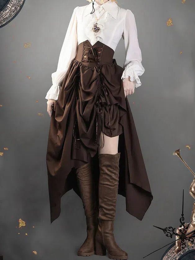 White Cascading Ruffle Pointed Foldover Collar Gothic Lolita Long Sleeves Shirt