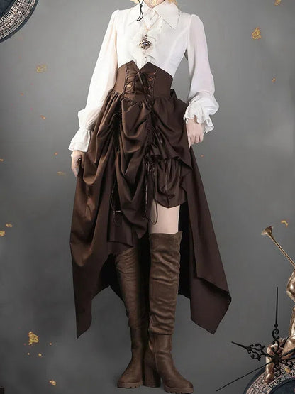 White Cascading Ruffle Pointed Foldover Collar Gothic Lolita Long Sleeves Shirt