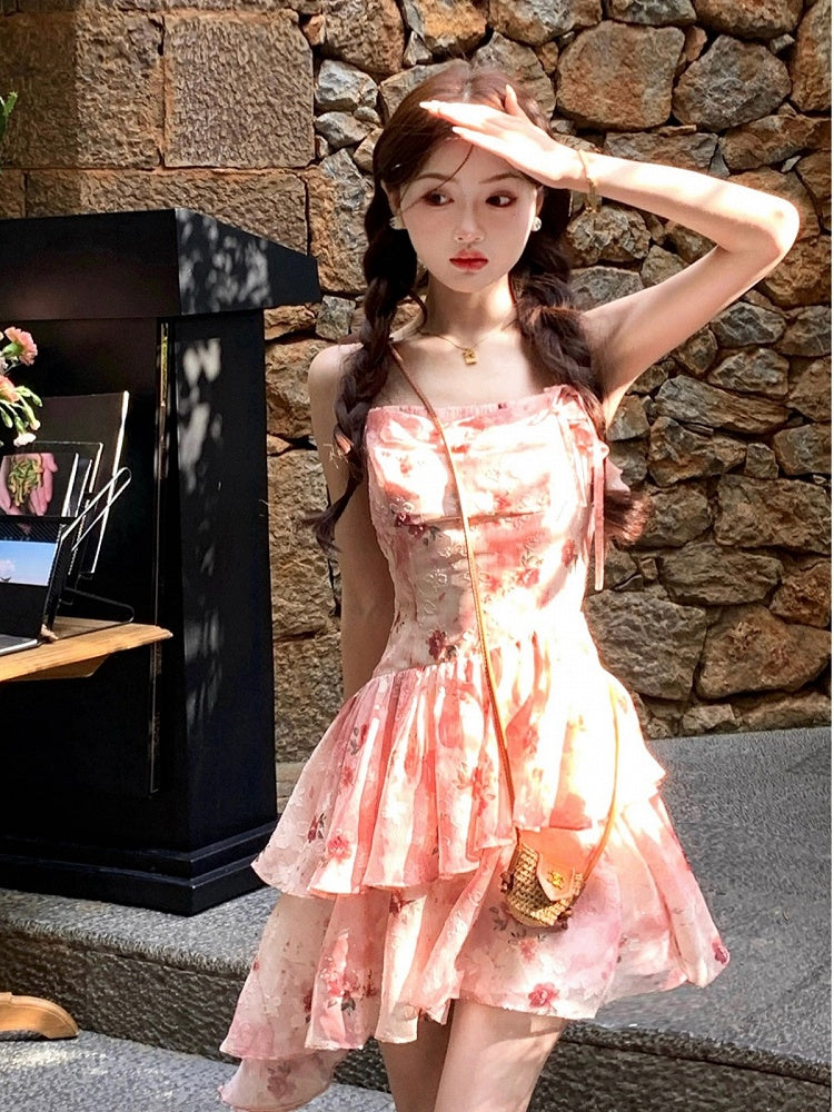 Red Floral Asymmetrical Ruffle Hem Summer Dress - Qchiwawameme