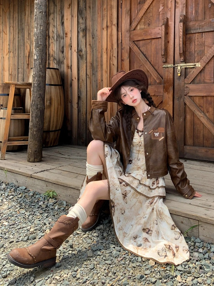 Vintage Schmetterlingsdruck Taschentuch Saum Farbstoff Apricot Krawatte Spaghettiträger Kleid