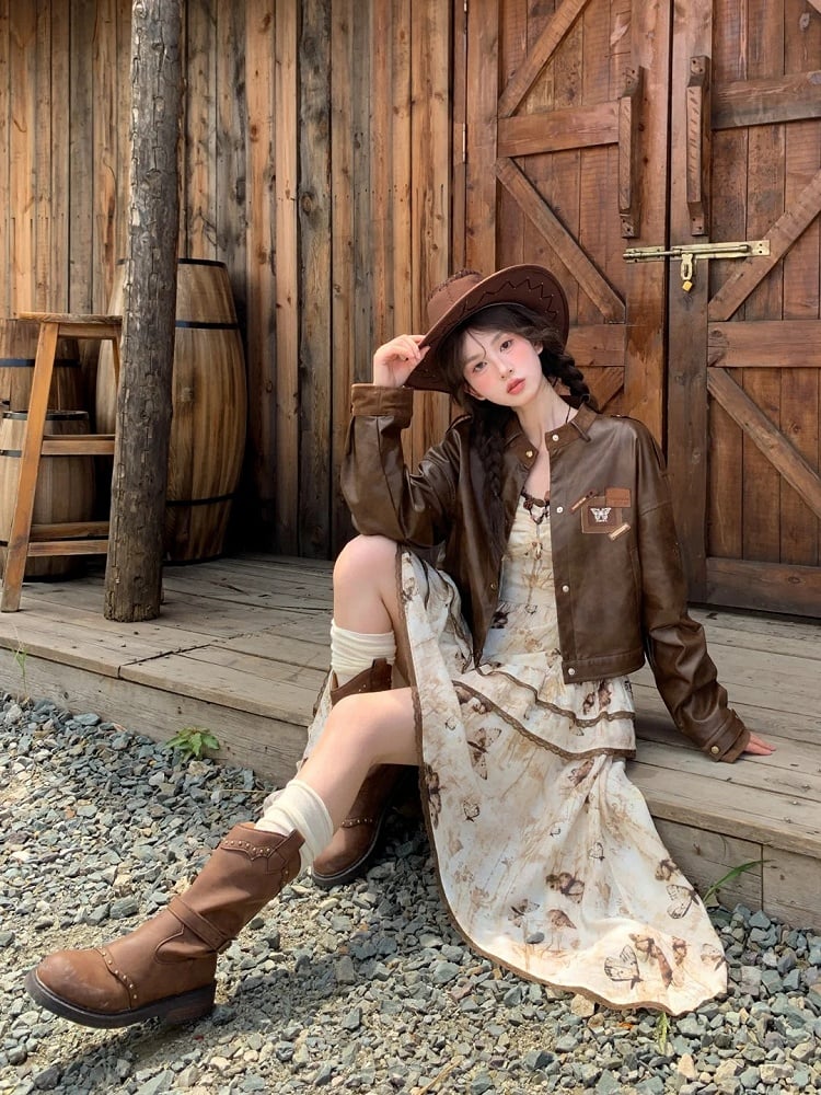 Brown Badge Autumn for Appliques Vintage PU Jacket