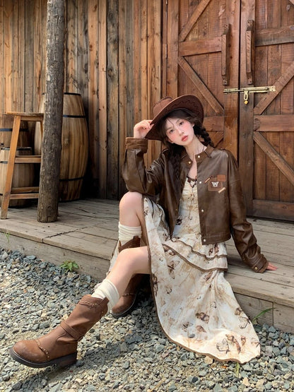 Brown Badge Autumn for Appliques Vintage PU Jacket