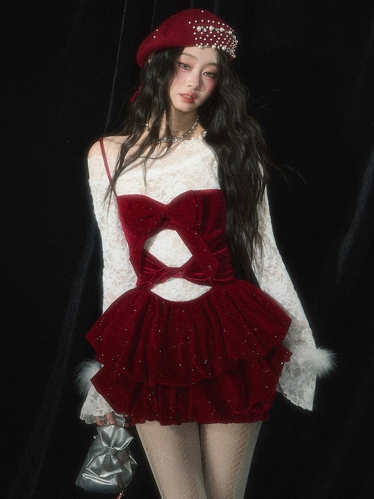 Christmas Red Cutout Detail Tiered Bubble Skirt Dress with Free Undies