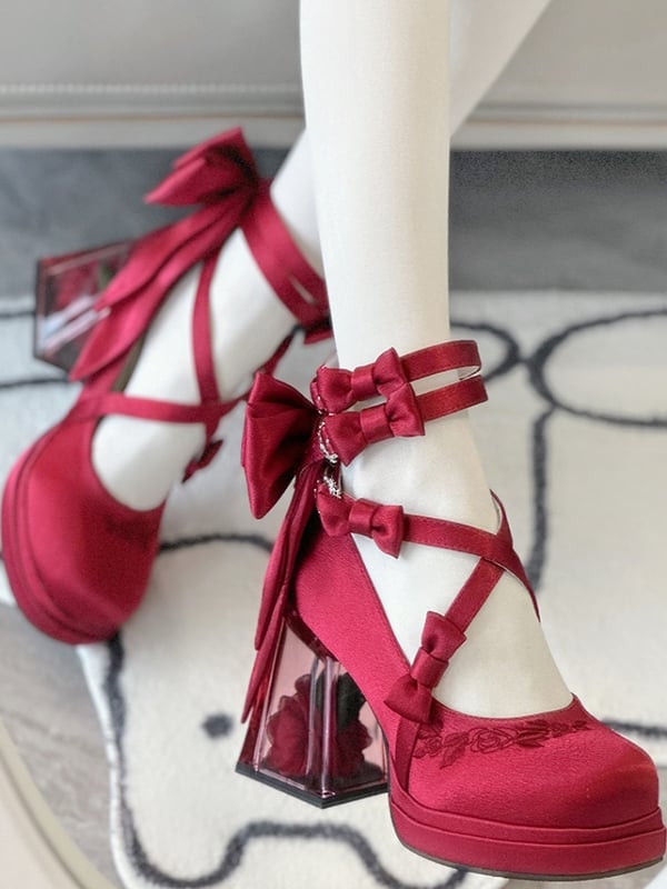 - Crisscross Sophisticated Heel Detailing Transparent Stilettos 9cm Floral Lolita Delicate Red