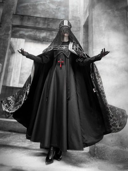Embroidery Nun Halloween Sleeves Leg-of-Mutton Dress Black Outfits Lolita Cross