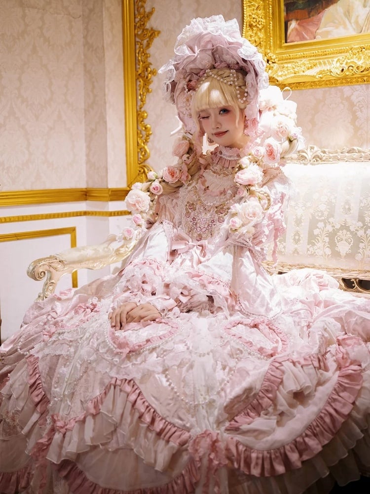 Rosette Gorgeous and Floral Hanayome Light Details Chain Lolita Pink Gown Bead Embroidery