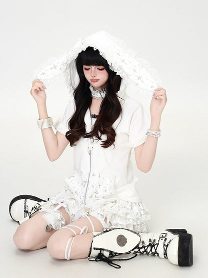White Bunny Ear Crop Top with Lace - CRAZY GIRL