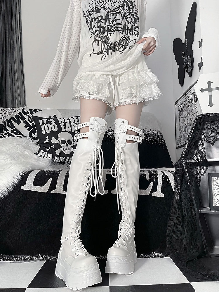 Boots Strap Matte White Y2K Thigh-high Platform Details Star Punk