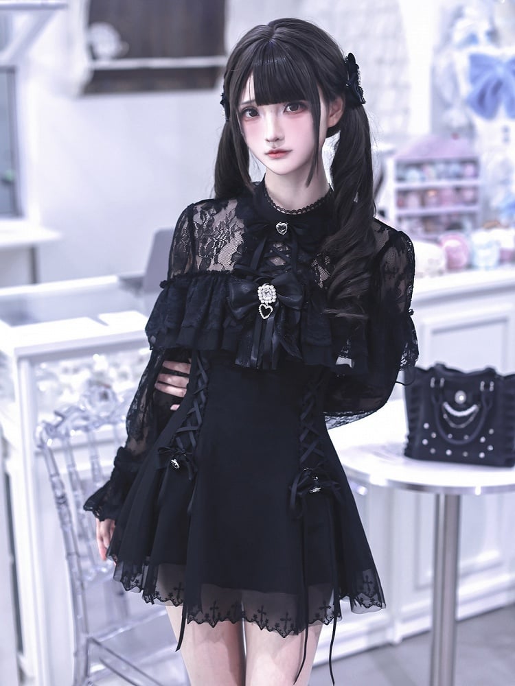 Jirai Kei Black Lace Long-Sleeve Dress with Shorts & Bow Tie Three-Piece Set - Ekomi