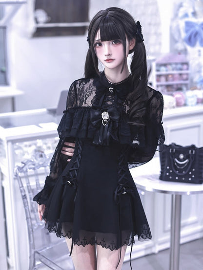 Jirai Kei Black Lace Long-Sleeve Dress with Shorts & Bow Tie Three-Piece Set - Ekomi