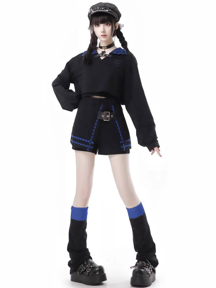 Skort Black Dark with and Buckle PU Plaid Blue