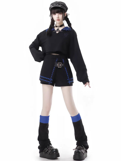 Skort Black Dark with and Buckle PU Plaid Blue