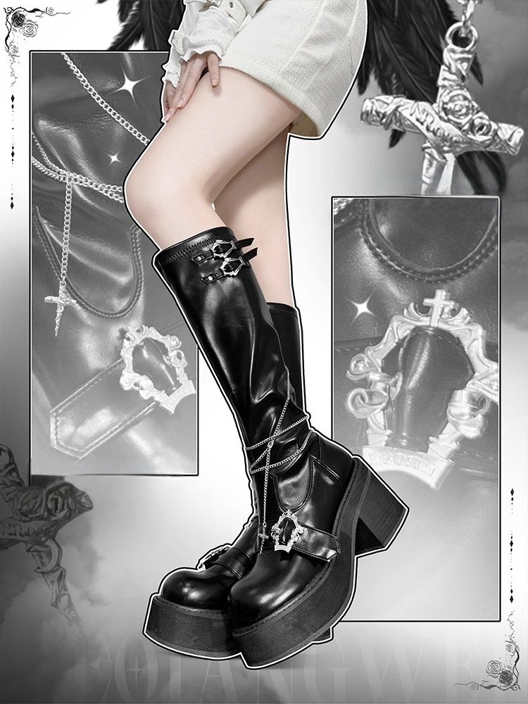 Knee-high Gothic Y2K Detachable Polished with Cross Chains in Black Boots Platform Buckles Coffin