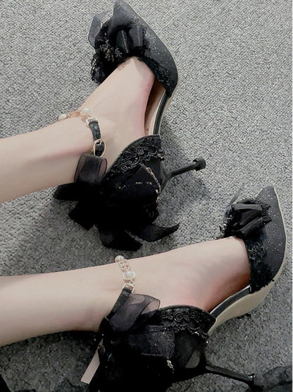 ブラックヒール、ポインテッドトゥ、アンクルストラップ、リボン、ビーズチェーン付きキラキラ輝くハイヒール