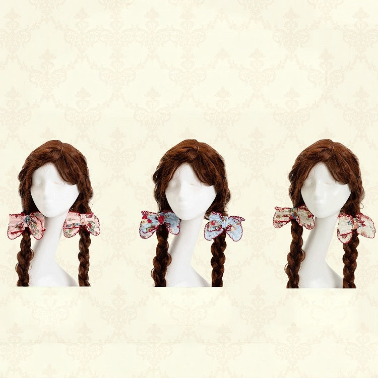 Beige Pink Blue Spring Picnic Print Lolita Bow Hairclips - DrunkCoco