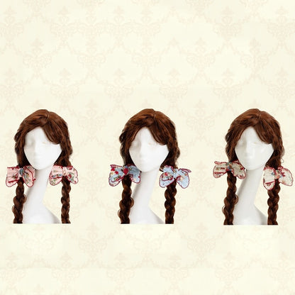 Beige Pink Blue Spring Picnic Print Lolita Bow Hairclips - DrunkCoco
