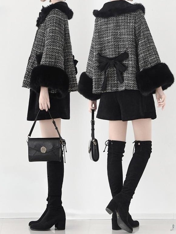 Fur Cropped Plush Black Tweed White Faux with Lolita Cuffs Coat