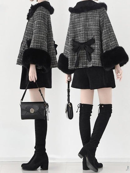 Fur Cropped Plush Black Tweed White Faux with Lolita Cuffs Coat
