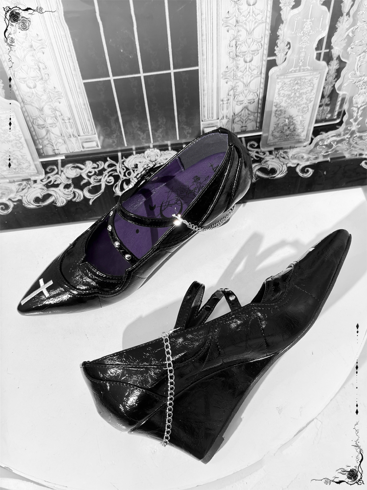 Toe Gothic Heel Black Jane Pointed Dark Mary Embroidery Cross Shoes Chunky 7cm